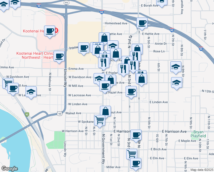 map of restaurants, bars, coffee shops, grocery stores, and more near 1620 North Government Way in Coeur d'Alene