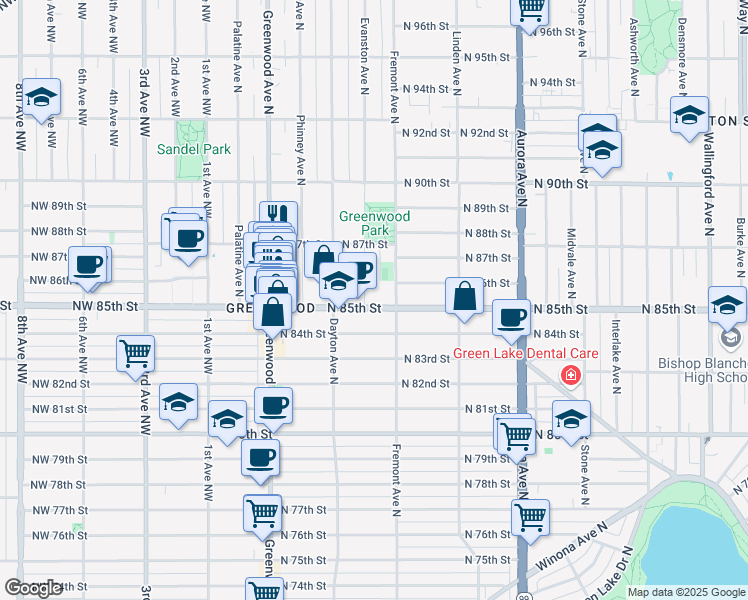 map of restaurants, bars, coffee shops, grocery stores, and more near 600 North 85th Street in Seattle