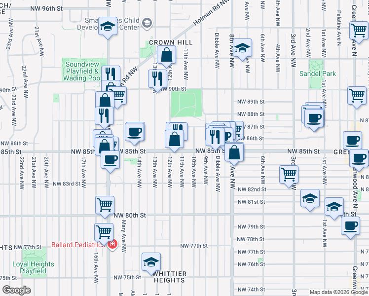 map of restaurants, bars, coffee shops, grocery stores, and more near 1012 Northwest 85th Street in Seattle