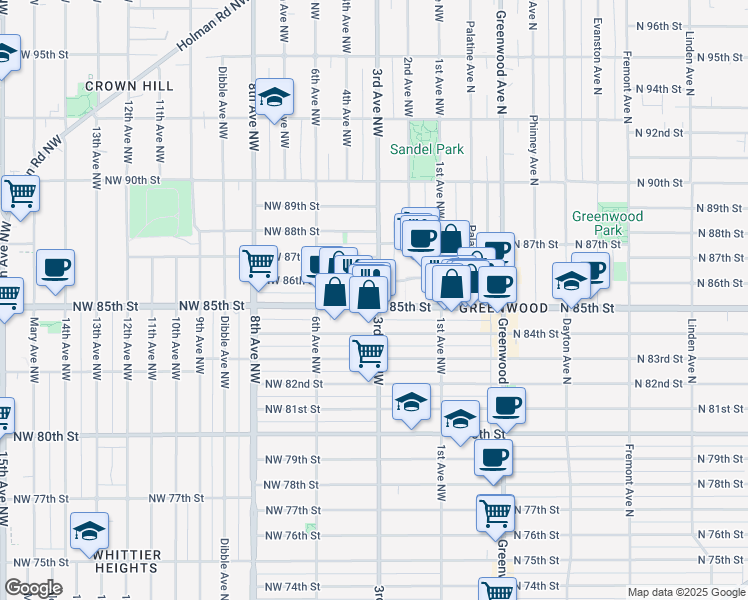 map of restaurants, bars, coffee shops, grocery stores, and more near 300 Northwest 85th Street in Seattle