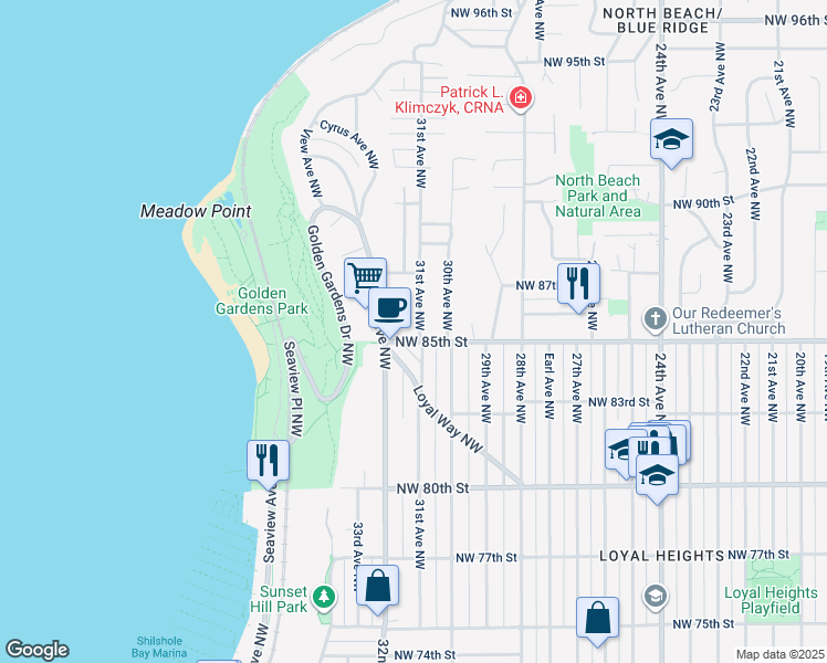 map of restaurants, bars, coffee shops, grocery stores, and more near 8505 31st Avenue Northwest in Seattle