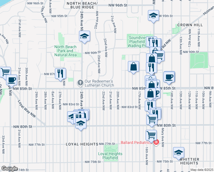 map of restaurants, bars, coffee shops, grocery stores, and more near 8505 21st Avenue Northwest in Seattle