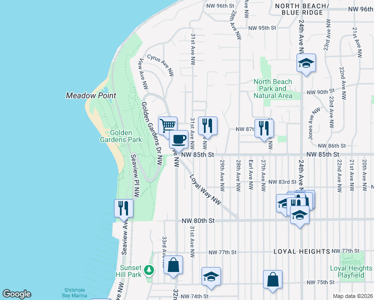 map of restaurants, bars, coffee shops, grocery stores, and more near 8507 31st Avenue Northwest in Seattle