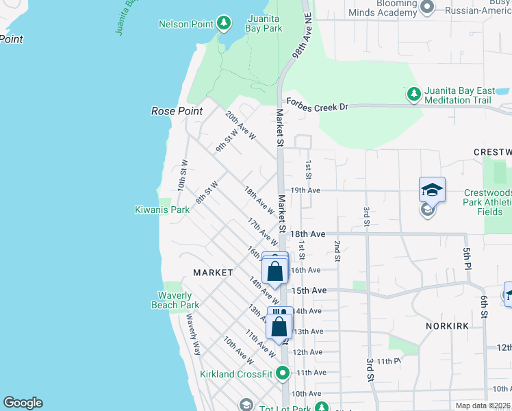 map of restaurants, bars, coffee shops, grocery stores, and more near 641 18th Avenue West in Kirkland