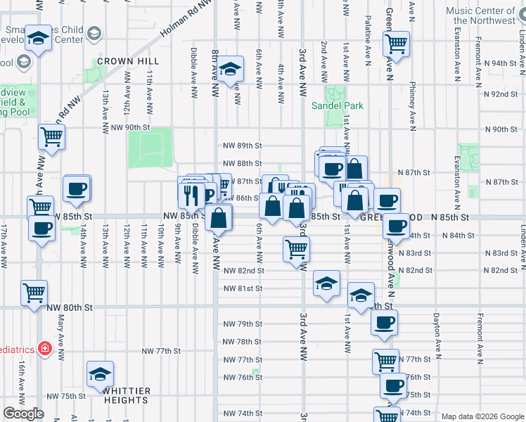 map of restaurants, bars, coffee shops, grocery stores, and more near 358 Northwest 85th Street in Seattle