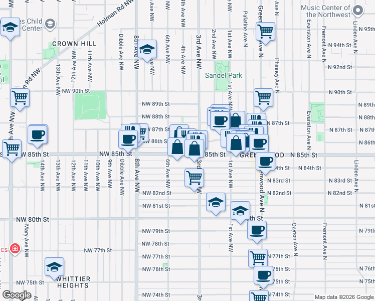 map of restaurants, bars, coffee shops, grocery stores, and more near 300 Northwest 85th Street in Seattle