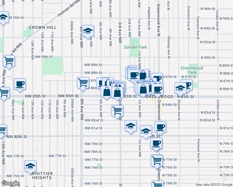 map of restaurants, bars, coffee shops, grocery stores, and more near 300 Northwest 85th Street in Seattle