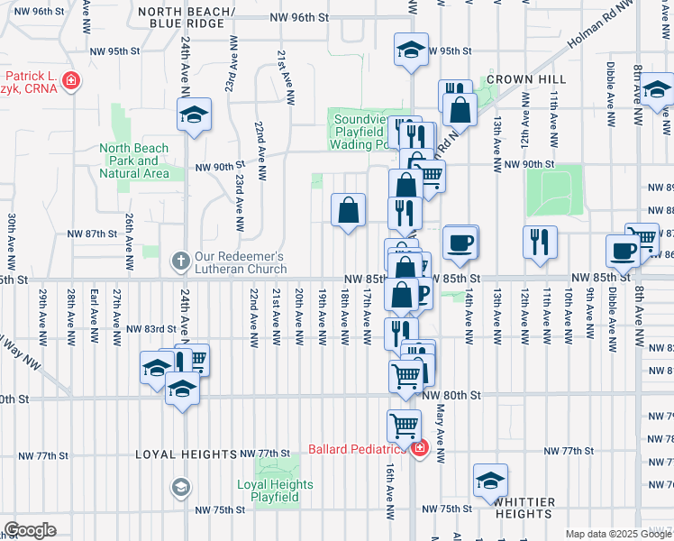 map of restaurants, bars, coffee shops, grocery stores, and more near 8505 18th Avenue Northwest in Seattle