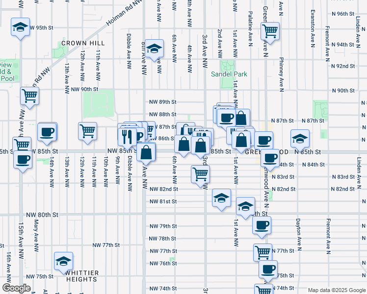 map of restaurants, bars, coffee shops, grocery stores, and more near 346 Northwest 85th Street in Seattle