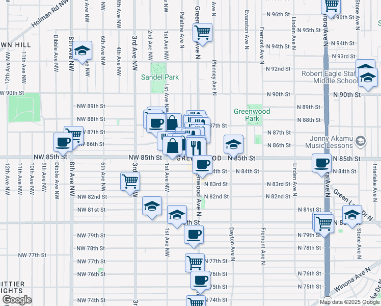 map of restaurants, bars, coffee shops, grocery stores, and more near 208 North 85th Street in Seattle