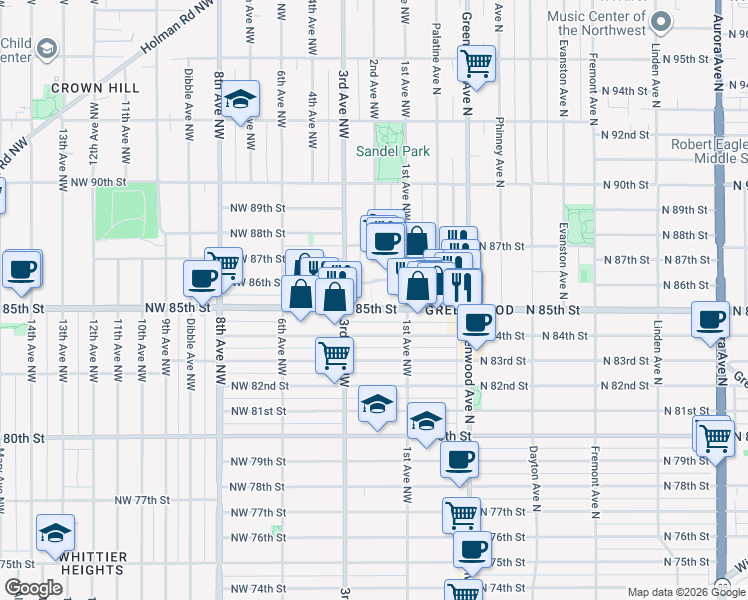 map of restaurants, bars, coffee shops, grocery stores, and more near 130 Northwest 85th Street in Seattle