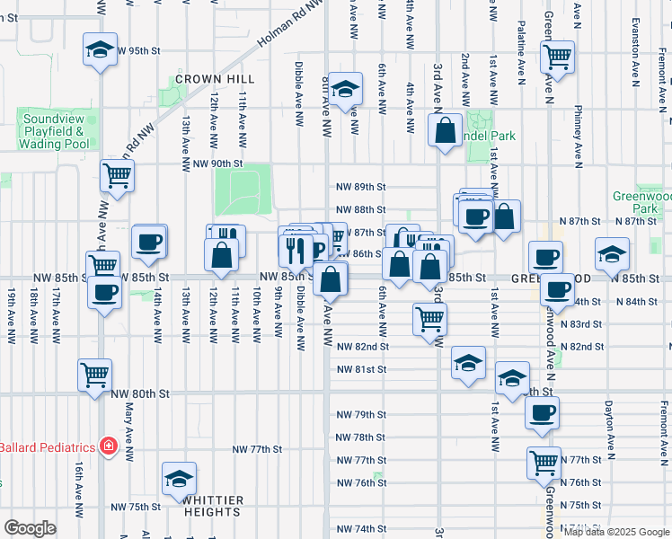 map of restaurants, bars, coffee shops, grocery stores, and more near 652 Northwest 85th Street in Seattle