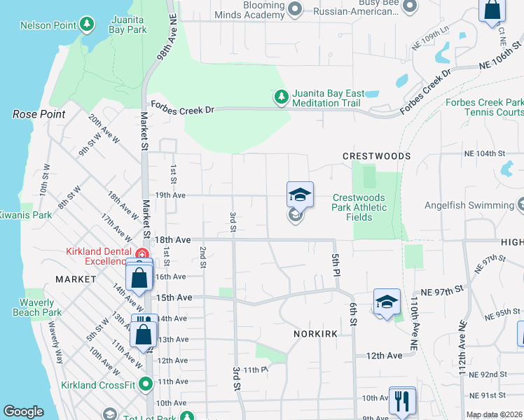 map of restaurants, bars, coffee shops, grocery stores, and more near 329 19th Avenue in Kirkland