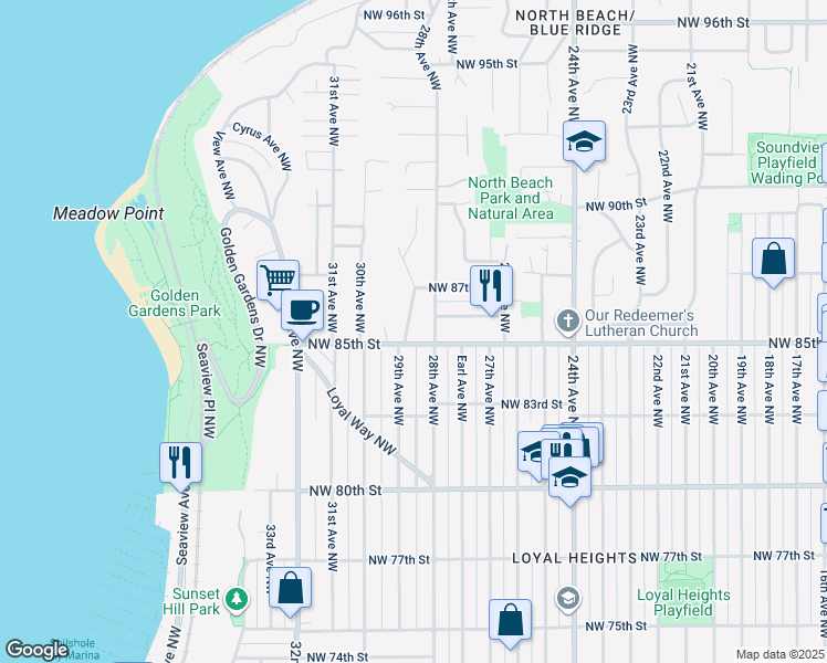 map of restaurants, bars, coffee shops, grocery stores, and more near 8508 29th Avenue Northwest in Seattle