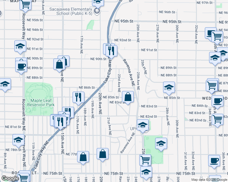 map of restaurants, bars, coffee shops, grocery stores, and more near 8605 21st Place Northeast in Seattle
