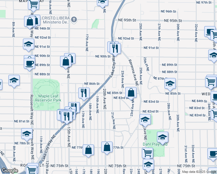 map of restaurants, bars, coffee shops, grocery stores, and more near 8512 Lake City Way Northeast in Seattle