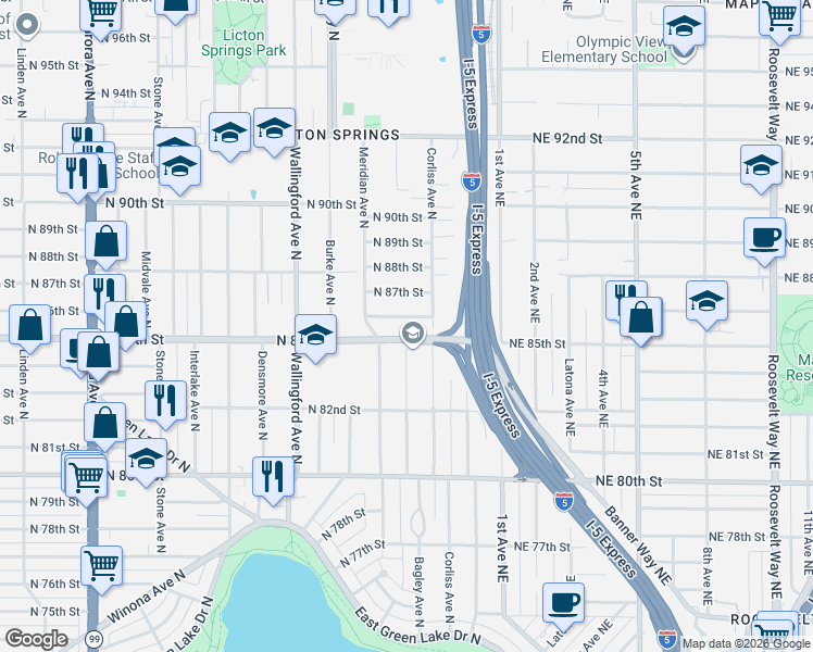 map of restaurants, bars, coffee shops, grocery stores, and more near 2131 North 86th Street in Seattle