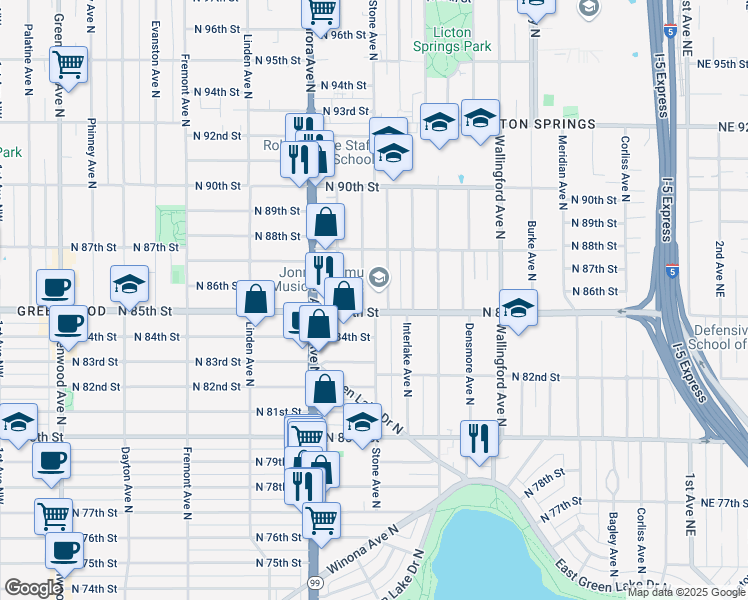 map of restaurants, bars, coffee shops, grocery stores, and more near 8513B Stone Avenue North in Seattle