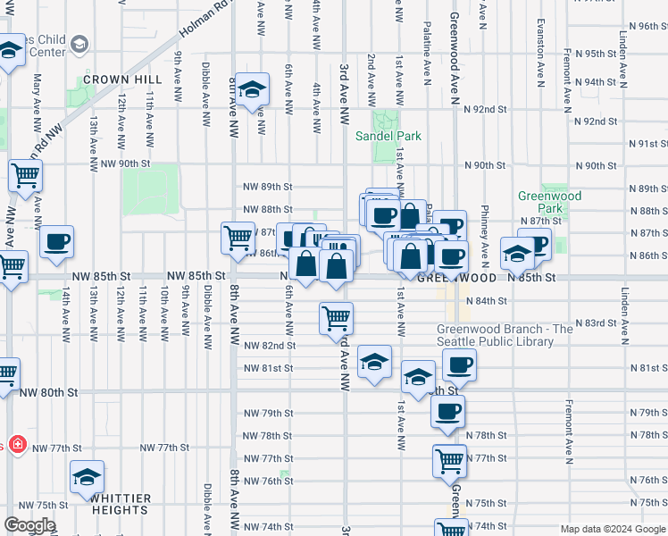 map of restaurants, bars, coffee shops, grocery stores, and more near 300 Northwest 85th Street in Seattle