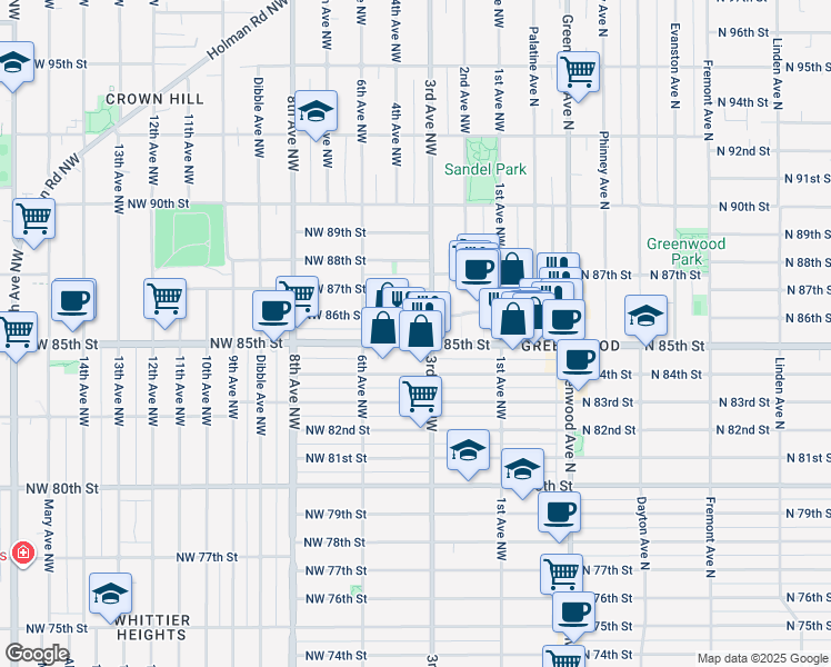 map of restaurants, bars, coffee shops, grocery stores, and more near 300 Northwest 85th Street in Seattle