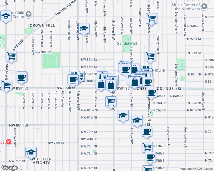 map of restaurants, bars, coffee shops, grocery stores, and more near 300 Northwest 85th Street in Seattle