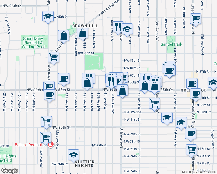 map of restaurants, bars, coffee shops, grocery stores, and more near 8509 9th Avenue Northwest in Seattle