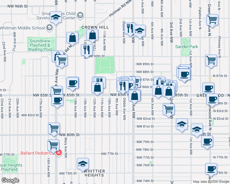 map of restaurants, bars, coffee shops, grocery stores, and more near 8509 9th Avenue Northwest in Seattle