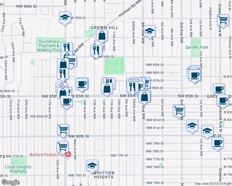 map of restaurants, bars, coffee shops, grocery stores, and more near 1012 Northwest 85th Street in Seattle
