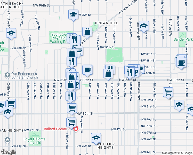 map of restaurants, bars, coffee shops, grocery stores, and more near in Seattle