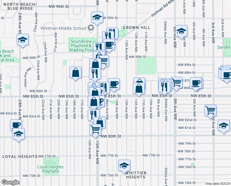 map of restaurants, bars, coffee shops, grocery stores, and more near 8509 14th Avenue Northwest in Seattle