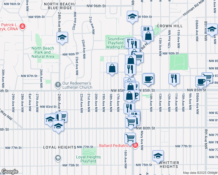 map of restaurants, bars, coffee shops, grocery stores, and more near 8511 18th Avenue Northwest in Seattle