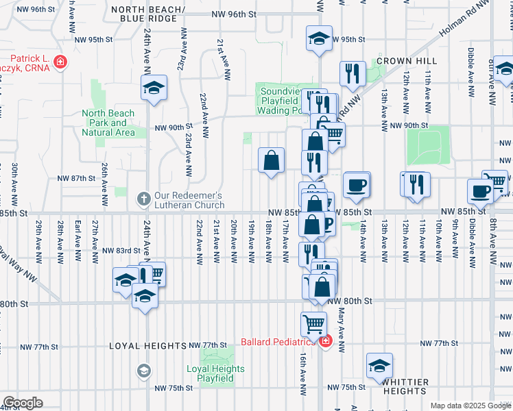 map of restaurants, bars, coffee shops, grocery stores, and more near 8511 18th Avenue Northwest in Seattle