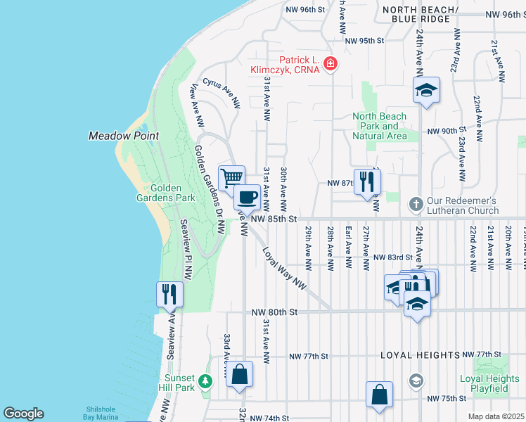 map of restaurants, bars, coffee shops, grocery stores, and more near 8507 31st Avenue Northwest in Seattle