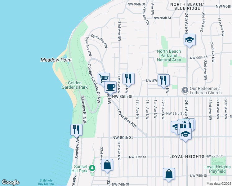 map of restaurants, bars, coffee shops, grocery stores, and more near 8507 31st Avenue Northwest in Seattle