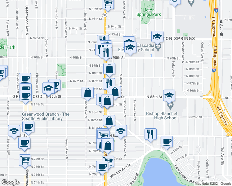 map of restaurants, bars, coffee shops, grocery stores, and more near 8506 Nesbit Avenue North in Seattle