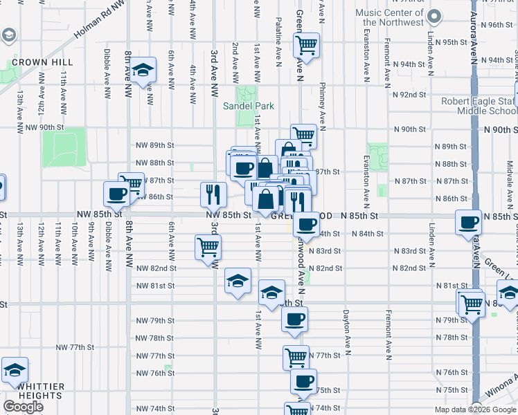 map of restaurants, bars, coffee shops, grocery stores, and more near 8532 1st Avenue Northwest in Seattle