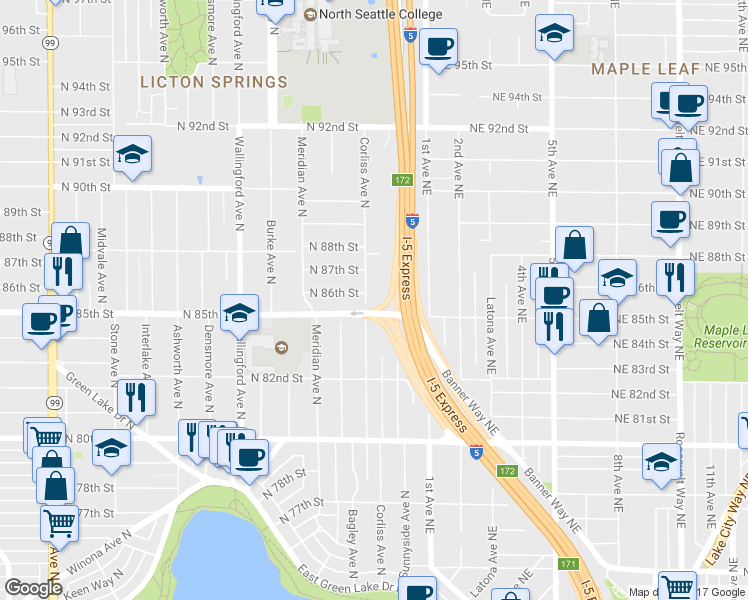 map of restaurants, bars, coffee shops, grocery stores, and more near 8516 Corliss Avenue North in Seattle