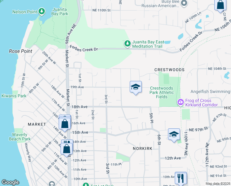map of restaurants, bars, coffee shops, grocery stores, and more near 329 19th Avenue in Kirkland