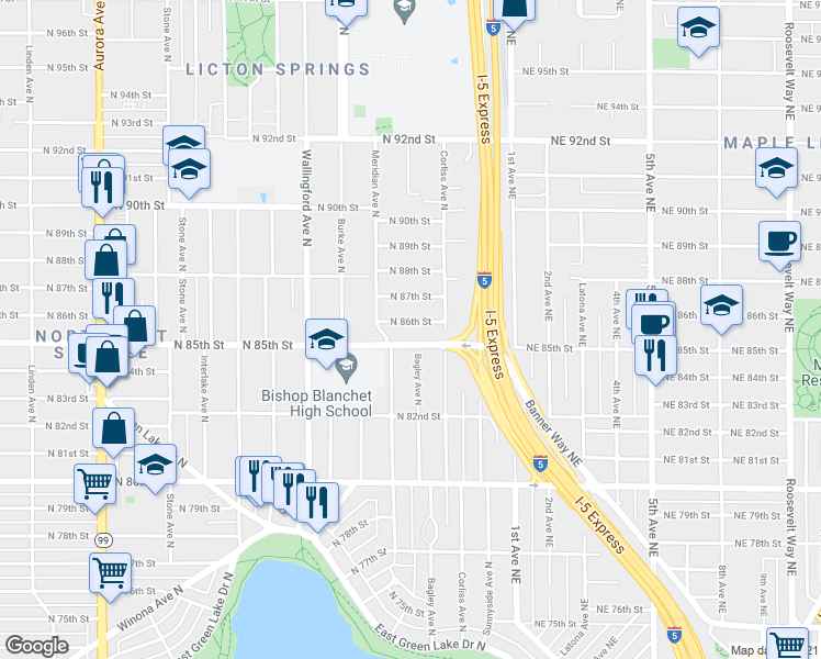 map of restaurants, bars, coffee shops, grocery stores, and more near 2131 North 86th Street in Seattle