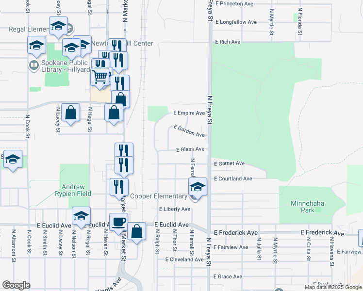 map of restaurants, bars, coffee shops, grocery stores, and more near 3419 East Glass Avenue in Spokane