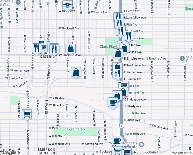 map of restaurants, bars, coffee shops, grocery stores, and more near 3604 North Calispel Street in Spokane