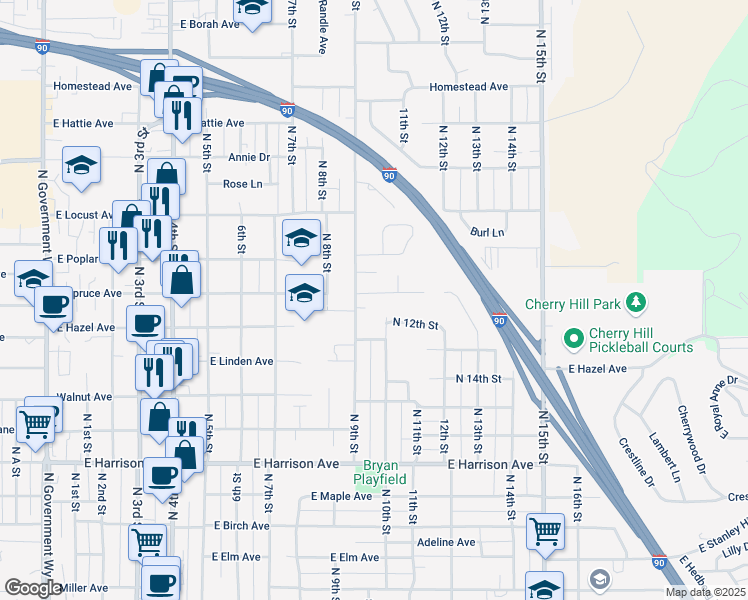 map of restaurants, bars, coffee shops, grocery stores, and more near 910 East Spruce Avenue in Coeur d'Alene