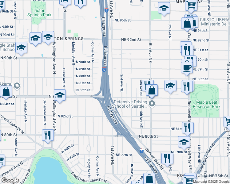 map of restaurants, bars, coffee shops, grocery stores, and more near 8516 1st Avenue Northeast in Seattle