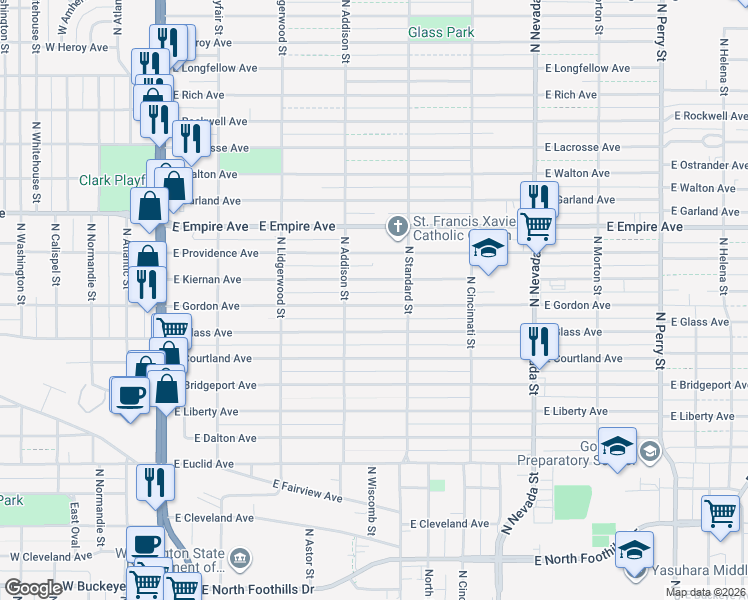 map of restaurants, bars, coffee shops, grocery stores, and more near 527 East Gordon Avenue in Spokane