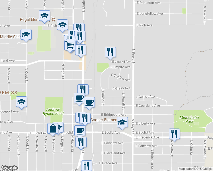 map of restaurants, bars, coffee shops, grocery stores, and more near 3605 North Thor Street in Spokane