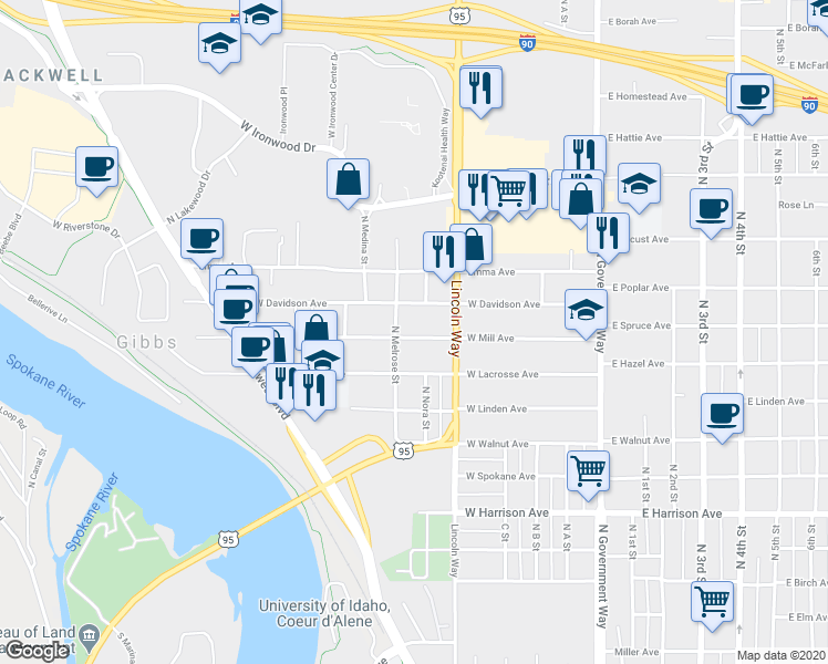 map of restaurants, bars, coffee shops, grocery stores, and more near 721 West Mill Avenue in Coeur d'Alene