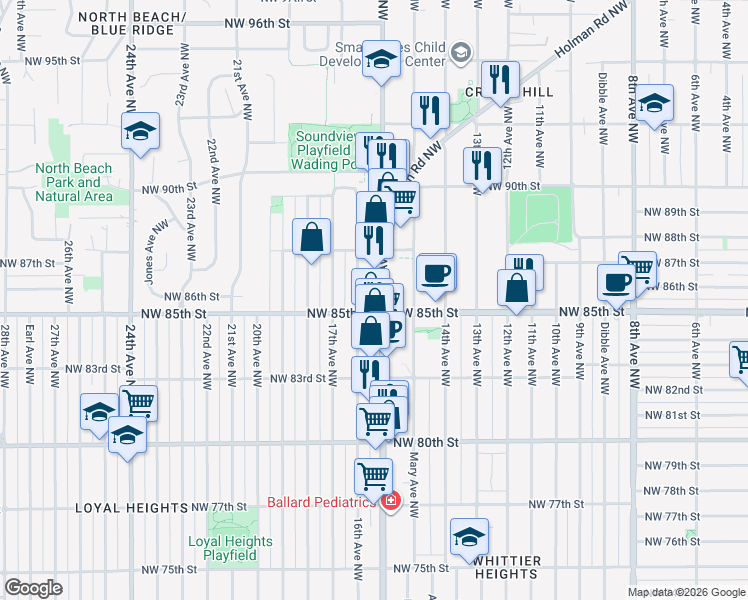map of restaurants, bars, coffee shops, grocery stores, and more near 8511 15th Avenue Northwest in Seattle