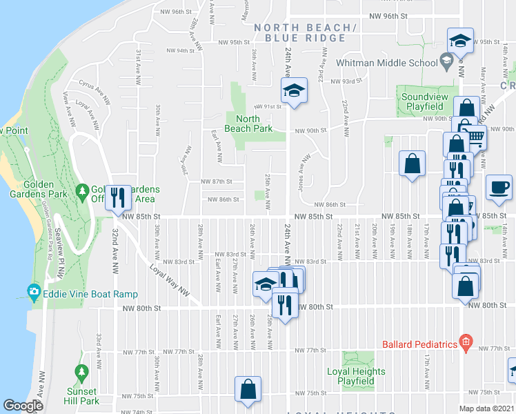 map of restaurants, bars, coffee shops, grocery stores, and more near 2500 Northwest 85th Street in Seattle