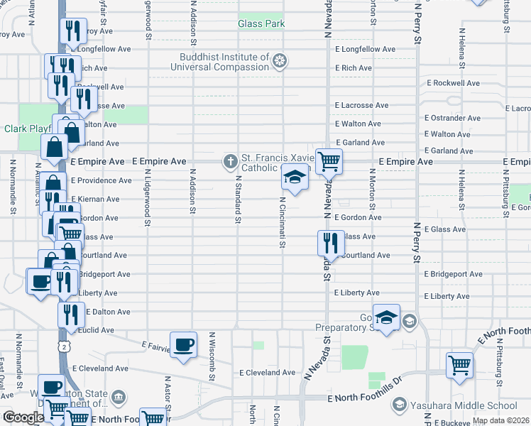 map of restaurants, bars, coffee shops, grocery stores, and more near 707 East Gordon Avenue in Spokane