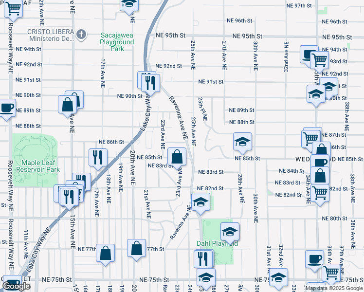 map of restaurants, bars, coffee shops, grocery stores, and more near 2337 Northeast 86th Street in Seattle
